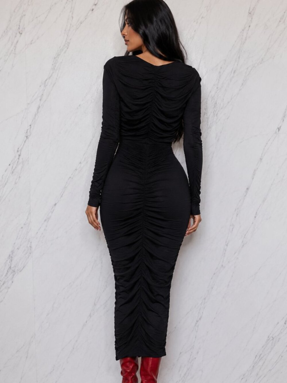 NWT ASOS Slinky Sexy Black Ruched Dress Bodycon Date Night Party Edgy Curvy - Picture 2 of 6